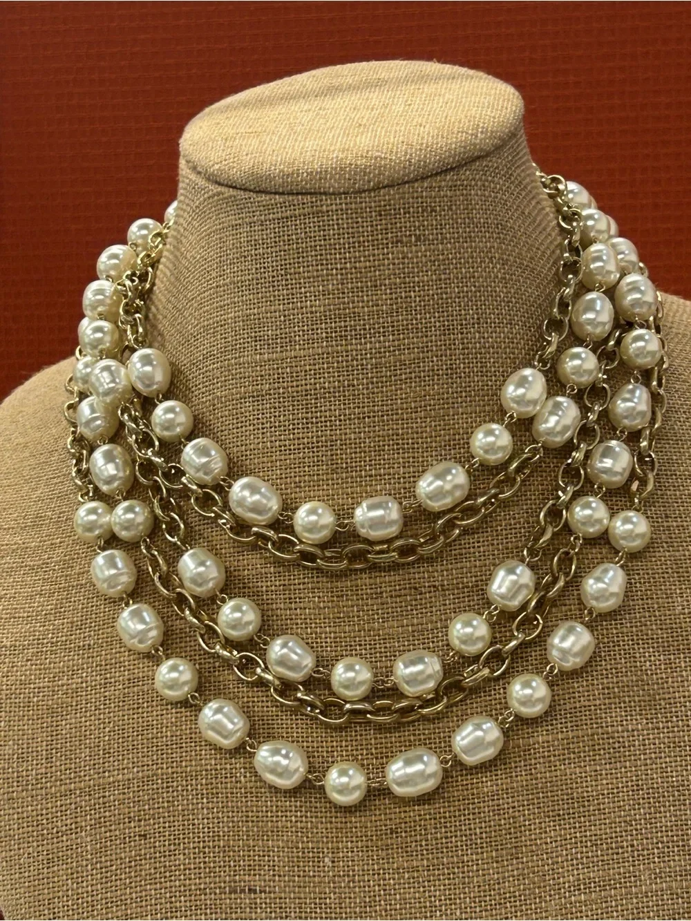 Beautiful Chico’s faux pearl and gold tone multi strand necklace